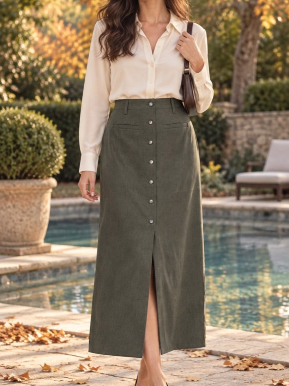 Vintage Ann Taylor Olive Wool Blend Long Button Front Skirt Size 8 Made in USA